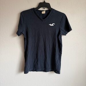 Hollister Navy White Embroidered Logo 100% Cotton V-Neck Short Sleeve Tee Mens S